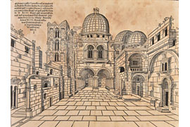Holzschnitt mit einer Darstellung der Grabeskirche (vermutlich Domenico delle Greche) aus Ulrich Prefát: _Cesta z Prahy do Benátek a odtud potom po moři až do Palestiny_ (Prag, 1563). Bildquelle: Lukas Verlag 