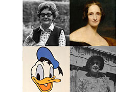 Erika Fuchs (Bildquelle: Deutschlandfunk)/ Mary Shelley, 1840 Gemälde von R. Rothwell/ Foto: Eutiner Landesbibliothek, Donald Duck, Original Ostholstein Museum/A. Christie visits the Acropolis, 1958 (National Science and Media Museum)