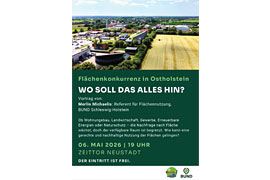 Plakat Vortrag des BUND „Wo soll das alles hin? – Flächenkonkurrenz im Kreis Ostholstein“ im zeiTTor 